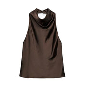 Halter Black Satin Backless Top - Palm and Thread