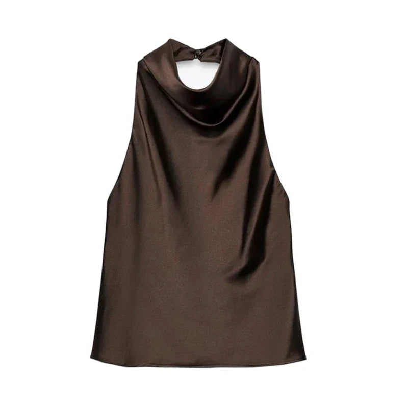 Halter Black Satin Backless Top - Palm and Thread