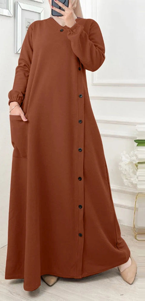 Loose Textured O Neck Buttons Abaya Dress - Palm and Thread