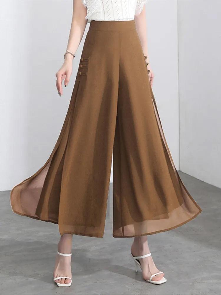 Side Slit Chiffon Thin Elastic Waist Wide Leg Pants Chic Droop - Palm and Thread