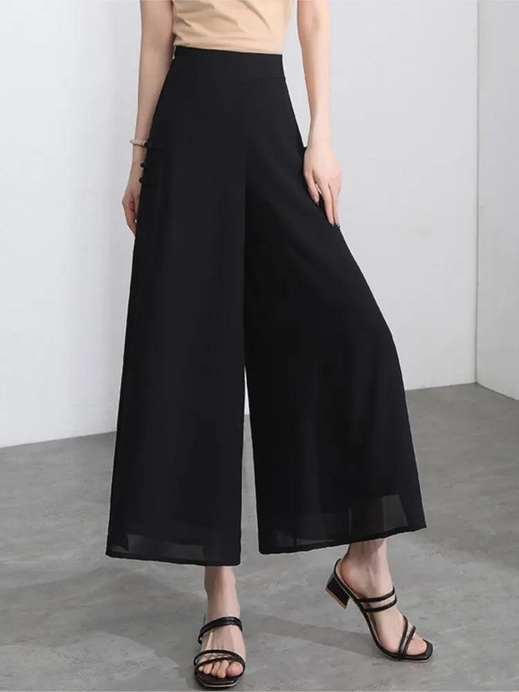 Side Slit Chiffon Thin Elastic Waist Wide Leg Pants Chic Droop - Palm and Thread