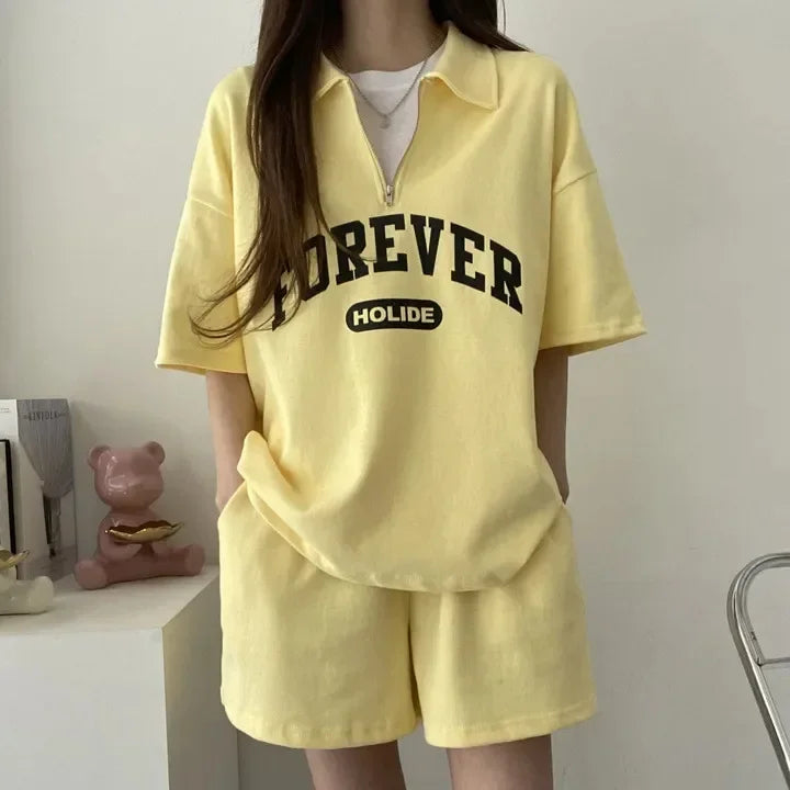 Cotton Ease Zip-Up Polo Shorts Set