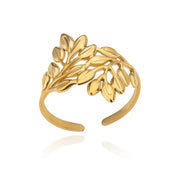 White Zircon Flower Leaf Shape Stainless Steel Ring - Palm and Thread