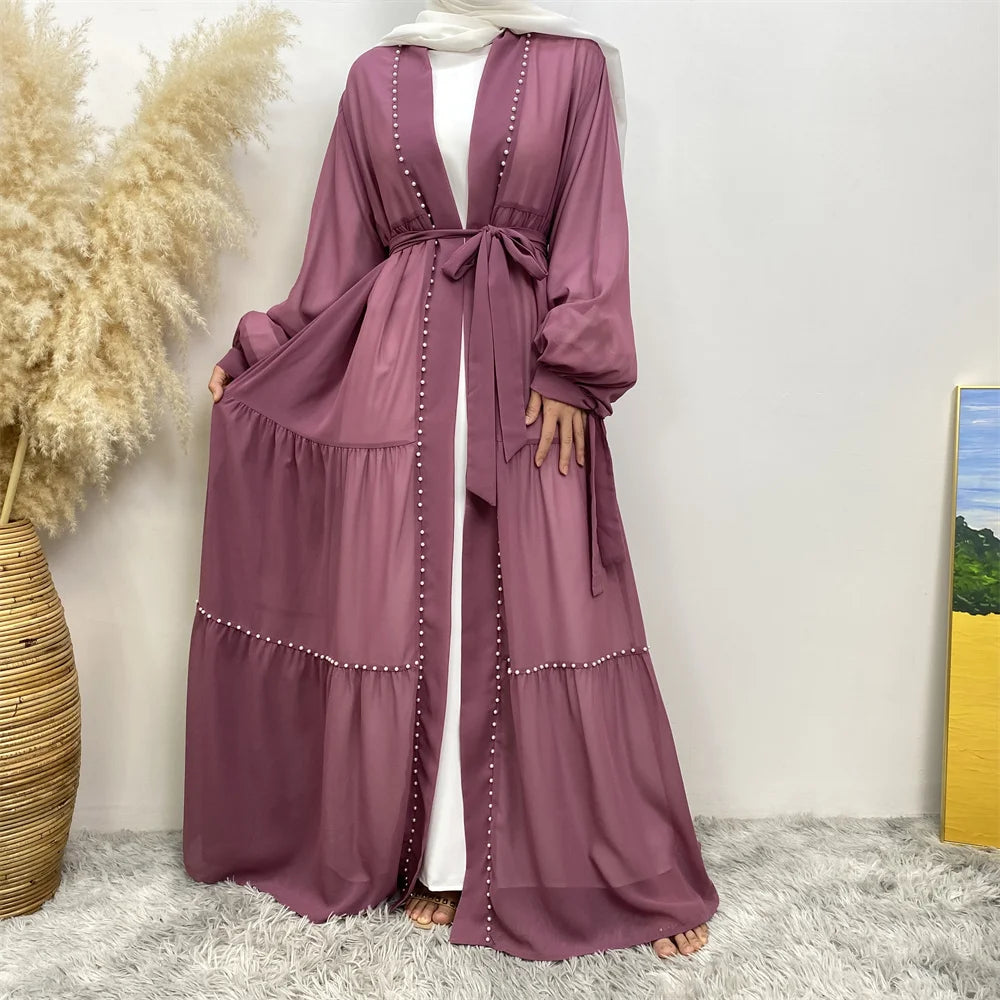 Beaded lace-up chiffon Cardigan Abaya - Palm and Thread