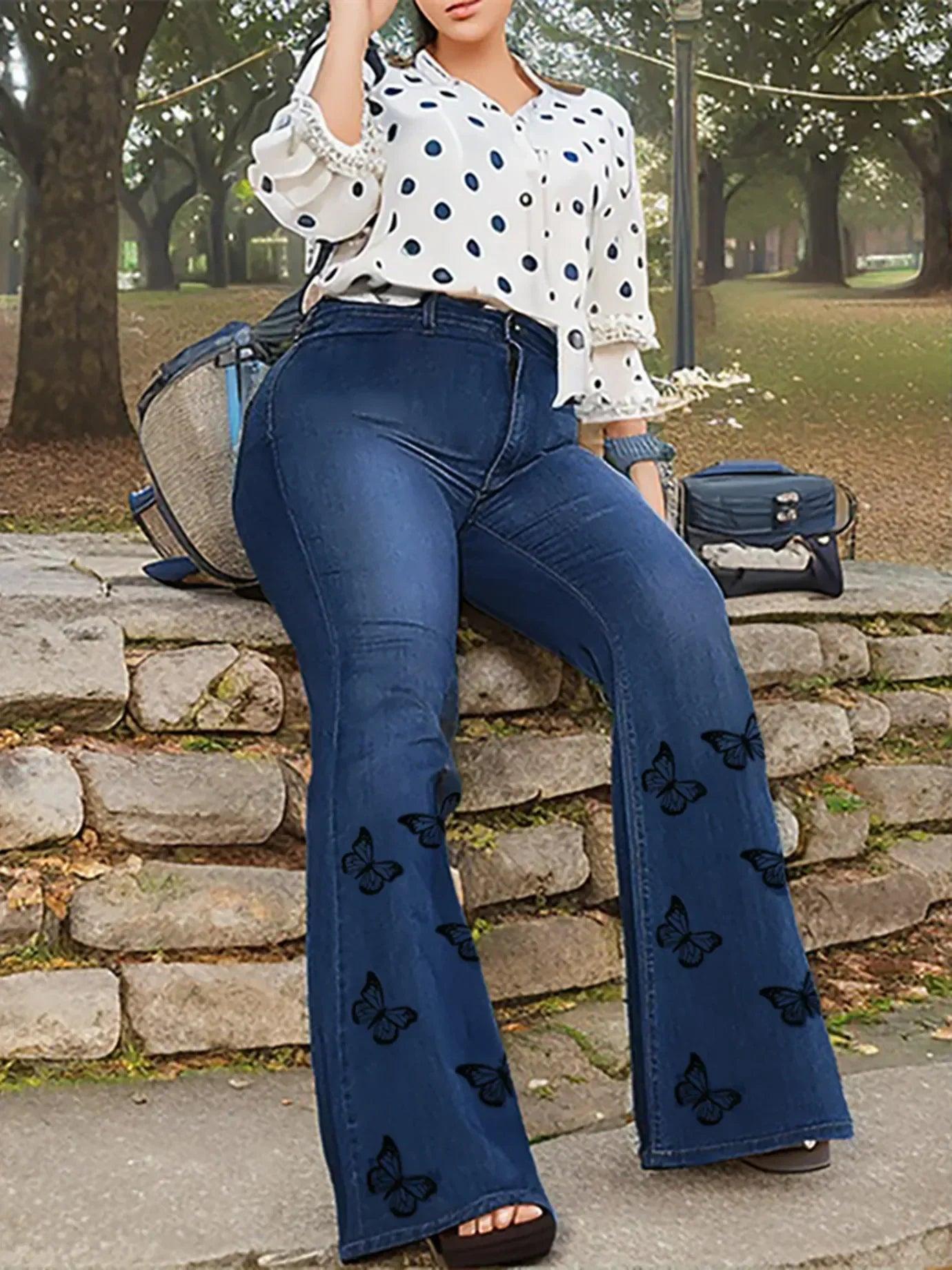 Plus Size Butterfly Print Jeans, Fly Flare Leg Casual Jeans Pant - Palm and Thread