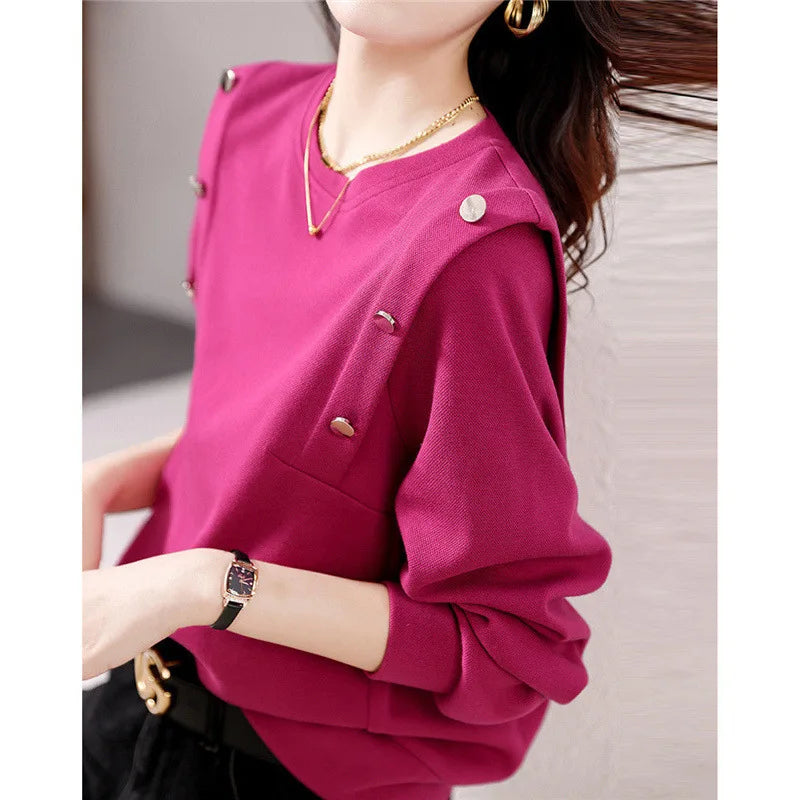 Fashion O Neck Long Sleeve Buttons Chic Sweet Pullover Top - Palm and Thread