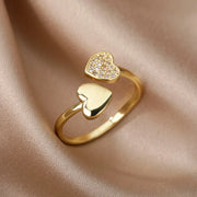 Zircon Heart Stainless Steel Gold Color Geometric Open Finger Ring - Palm and Thread