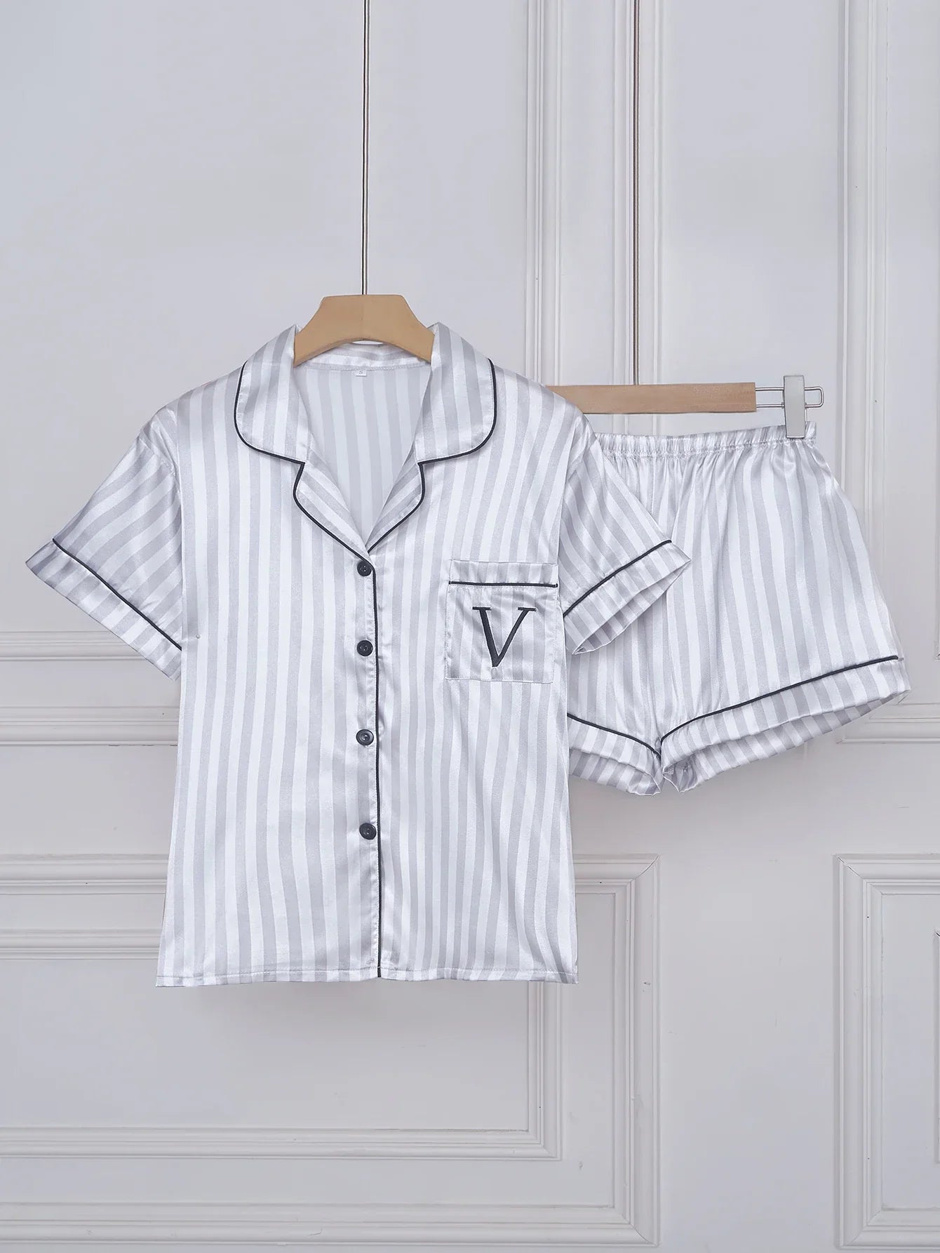 Striped Embroidered Letter Pocket Short Sleeve and Shorts Pajama Set - Palm and Thread