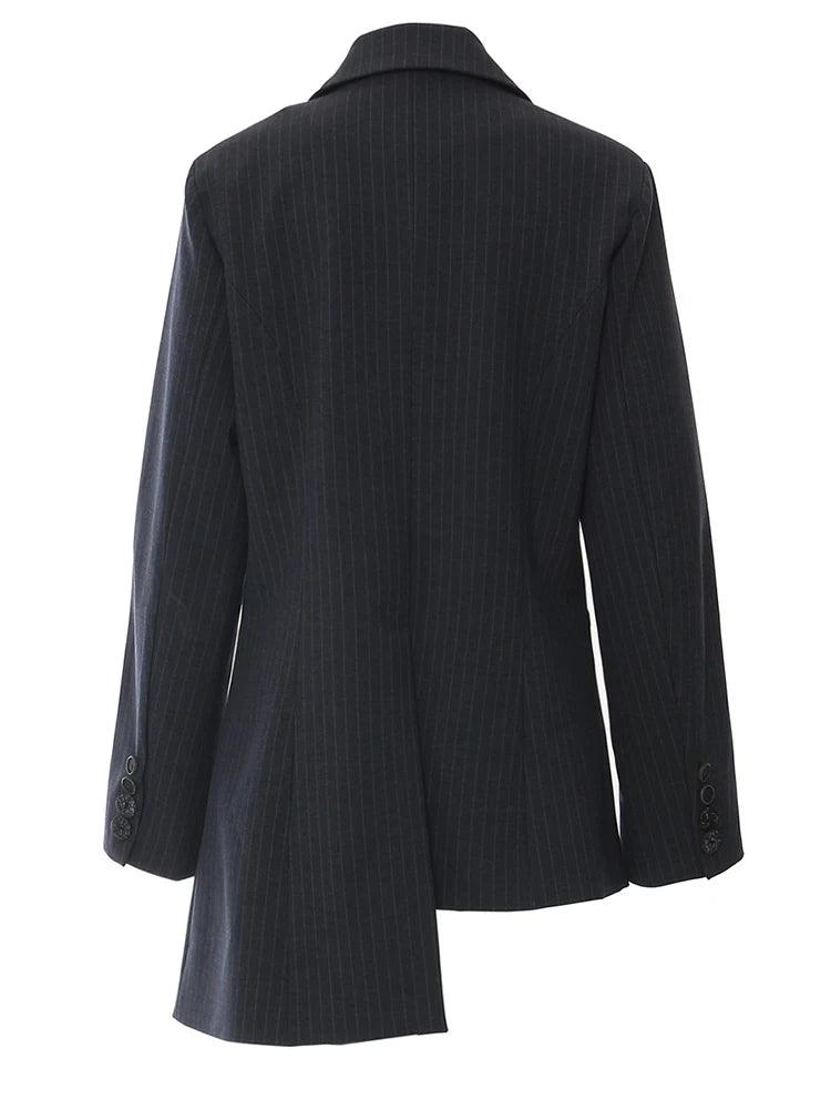 Navy Blue Striped Irregular Elegant Blazer New Lapel Long Sleeve Jacket - Palm and Thread