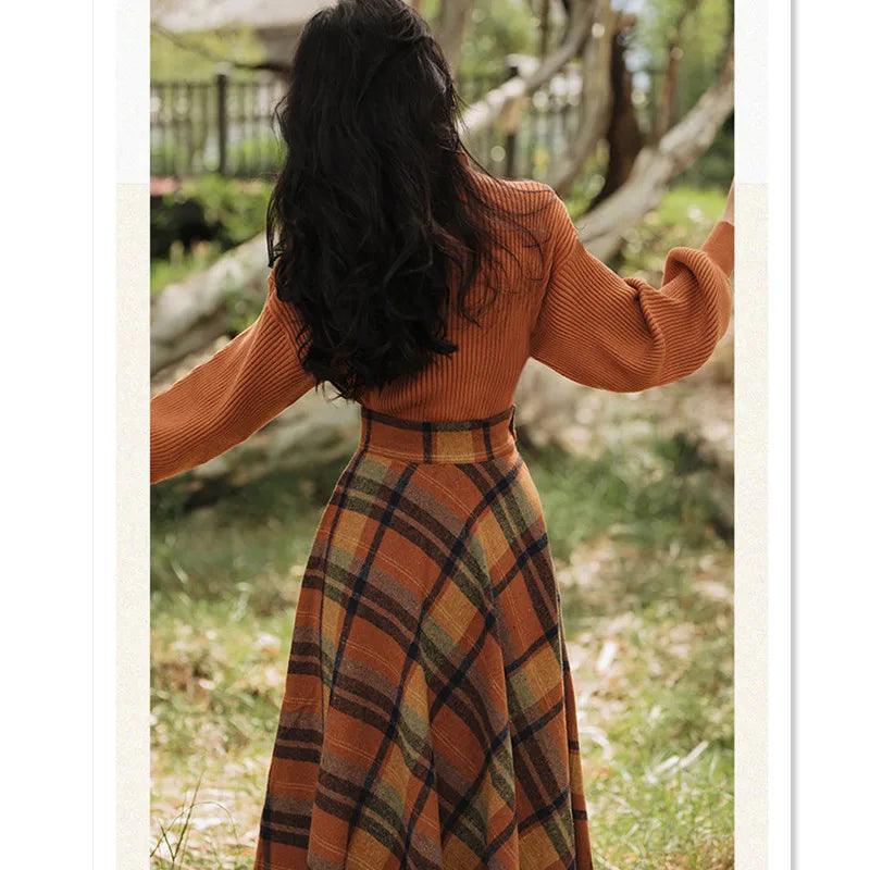 Vintage Plaid Long Skirt Sweater Matching Set - Palm and Thread