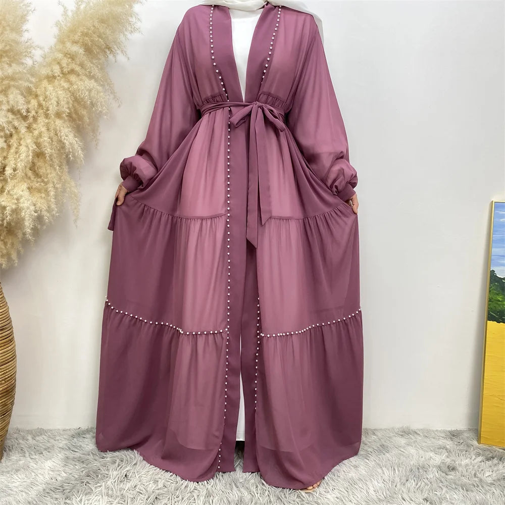 Beaded lace-up chiffon Cardigan Abaya - Palm and Thread