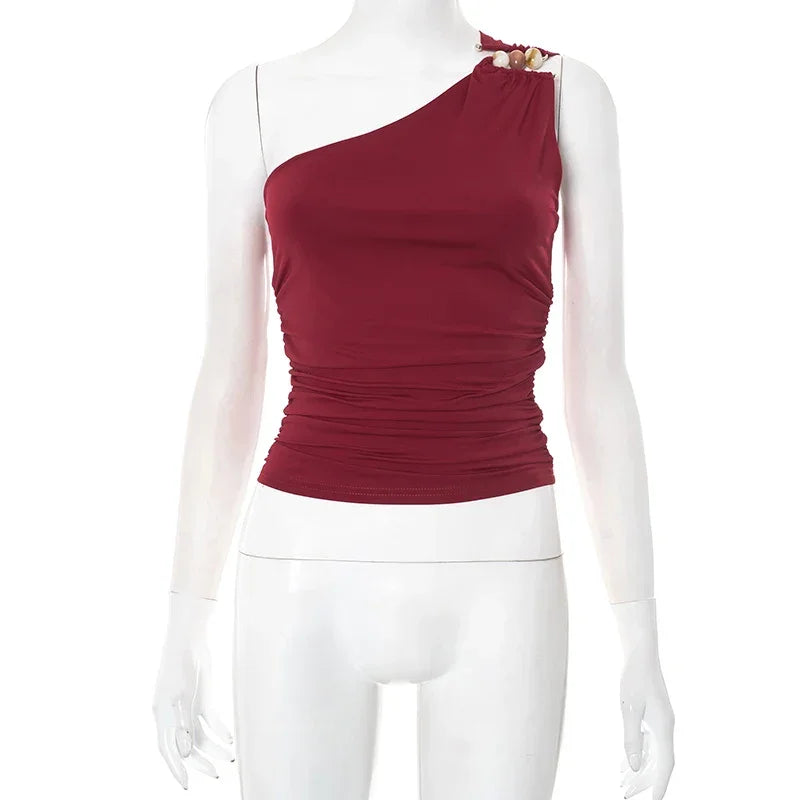 One-Shoulder Bead Link Ruched Tank Top - Palm and Thread
