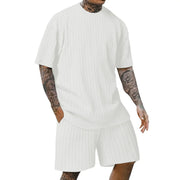 crew-neck vertical stripe T-shirt shorts short-sleeved suit