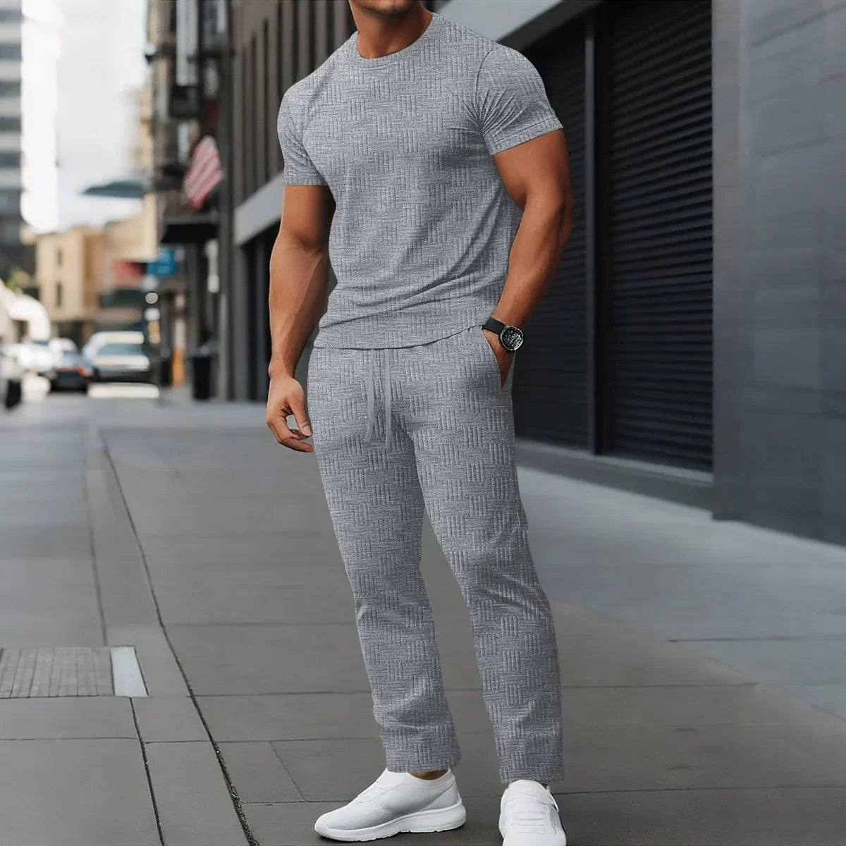 Round-Neck T-Shirt+Jacquard Pants Set - Palm and Thread