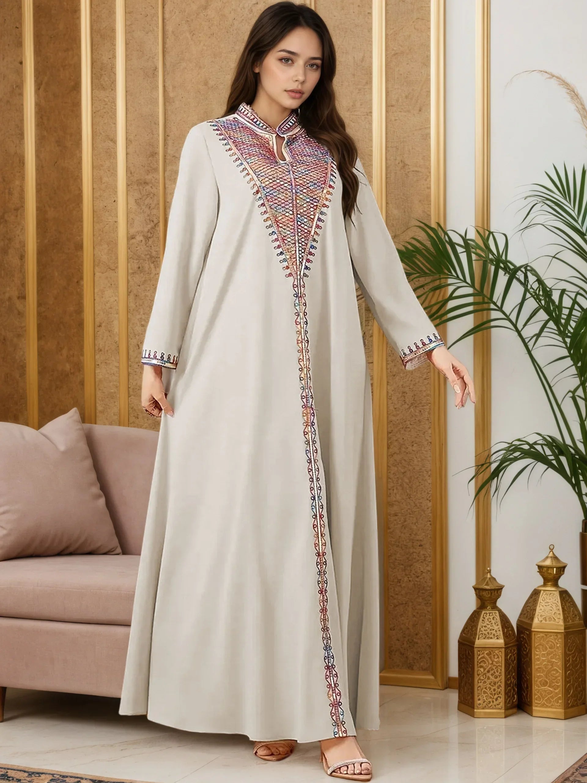 Trendy Adorned with Intricate Multicolored Embroidery Abaya - Palm and Thread
