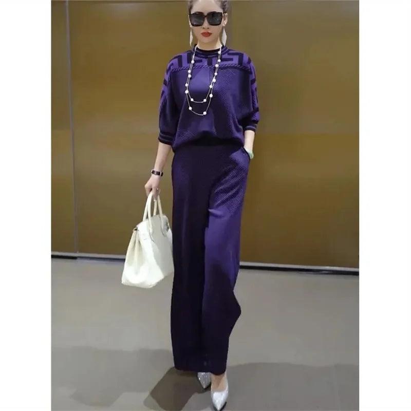 New Loose Slim Long-sleeved Ice Silk Knitted Two-piece Suit - Palm and Thread