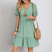 Loose V-neck Short Sleeved Pleated Dress - Palm and Thread