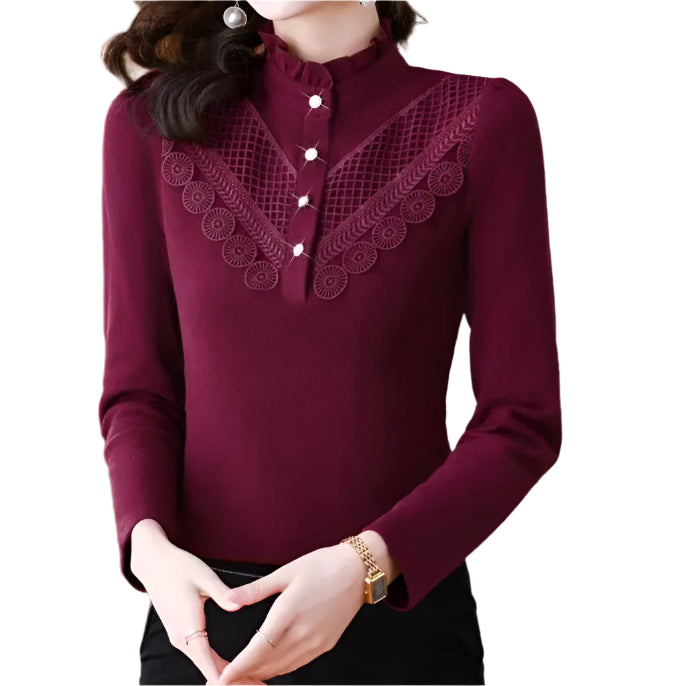 Elegant Ruffle Lace Slim Warm Long Sleeve Basic T-shirt - Palm and Thread