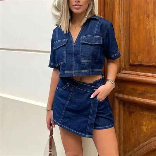 Denim Cropped Shirt and Skirt - Palm and Thread