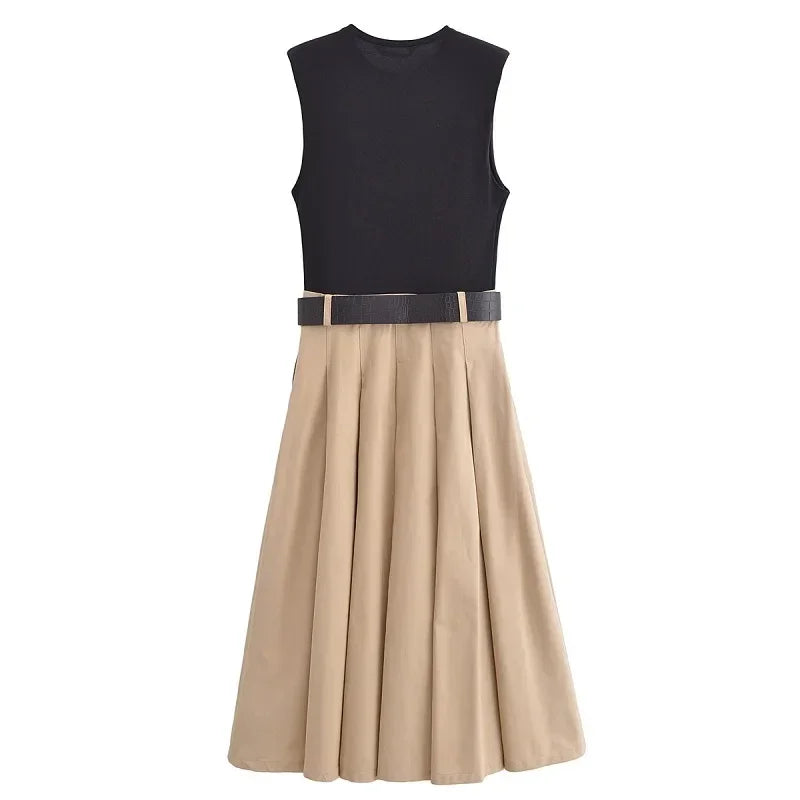 Belt Pleated Midi Dress - Palm and Thread