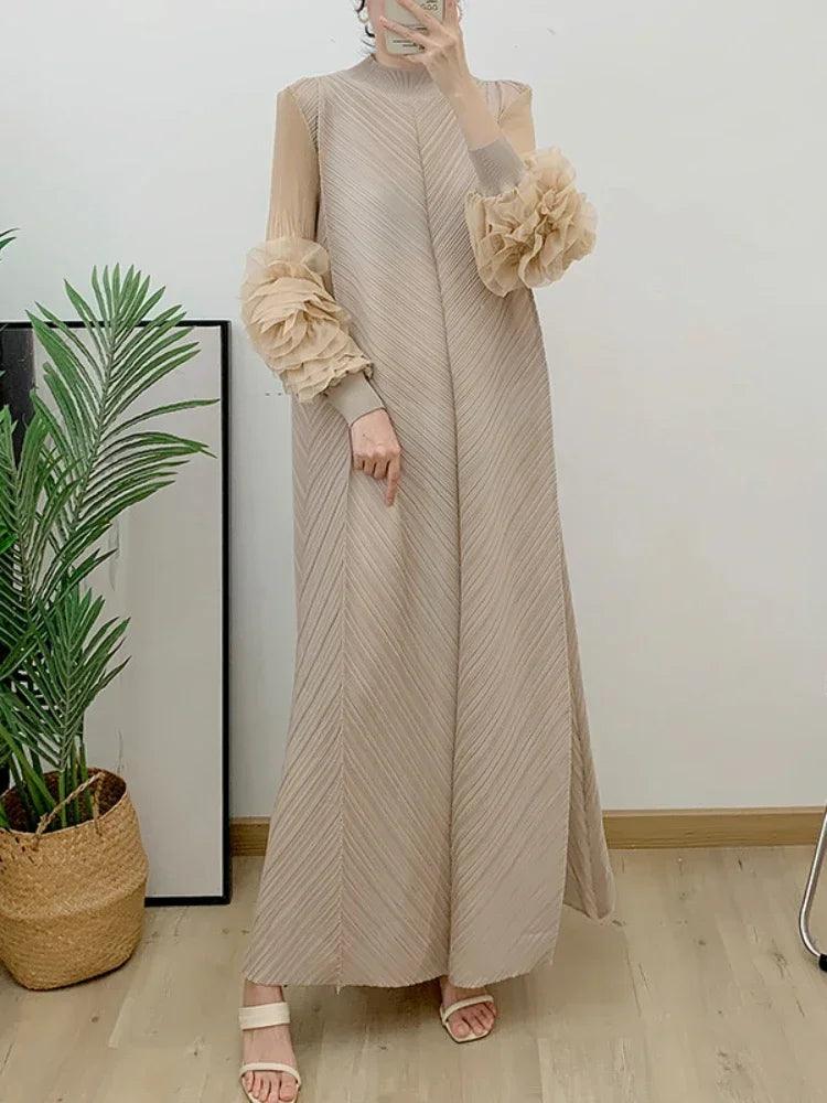 Pleated Maxi Mesh Petal Sleeve Half Turtleneck Dress Abaya - Palm and Thread