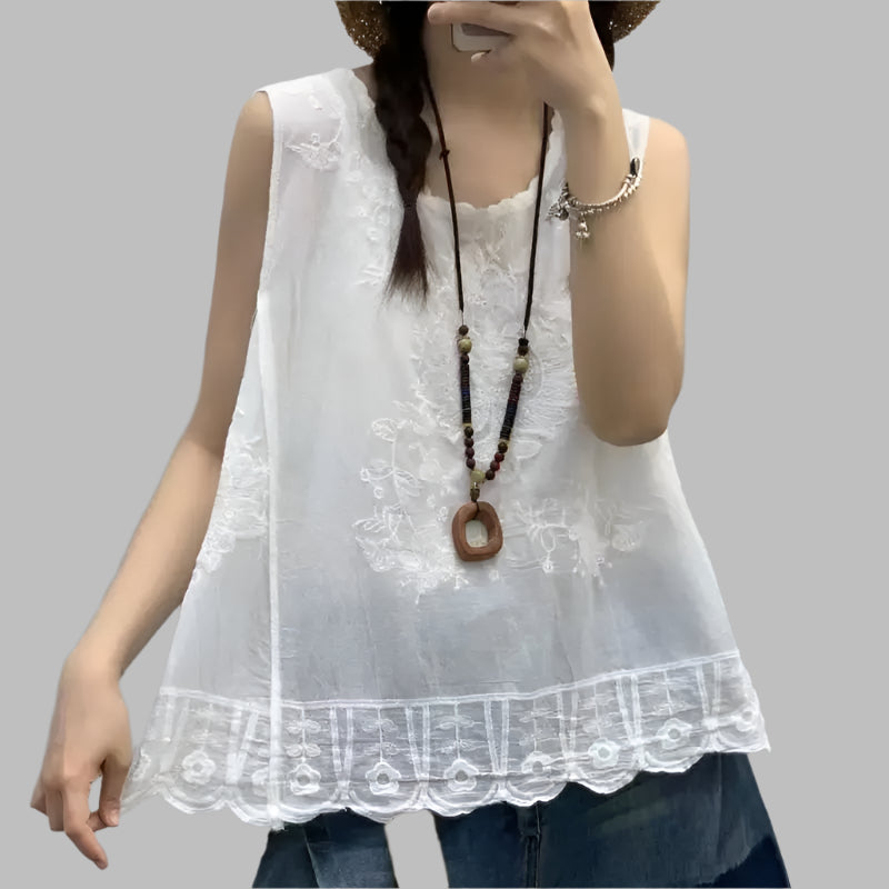 Vintage Lace Embroidery Solid Cotton Tank Top Vest - Palm and Thread