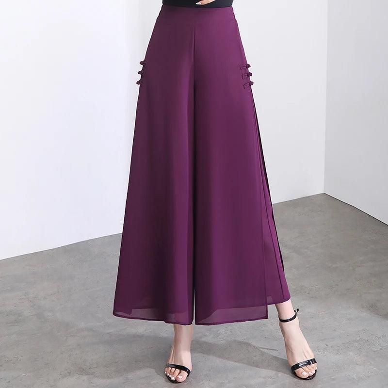 Side Slit Chiffon Thin Elastic Waist Wide Leg Pants Chic Droop - Palm and Thread