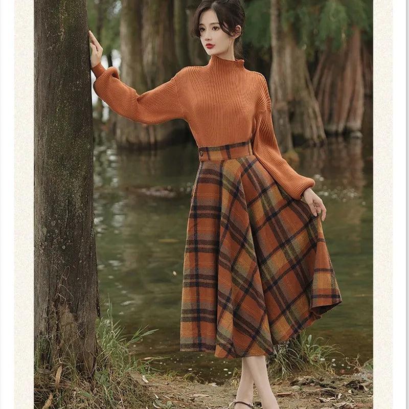 Vintage Plaid Long Skirt Sweater Matching Set - Palm and Thread