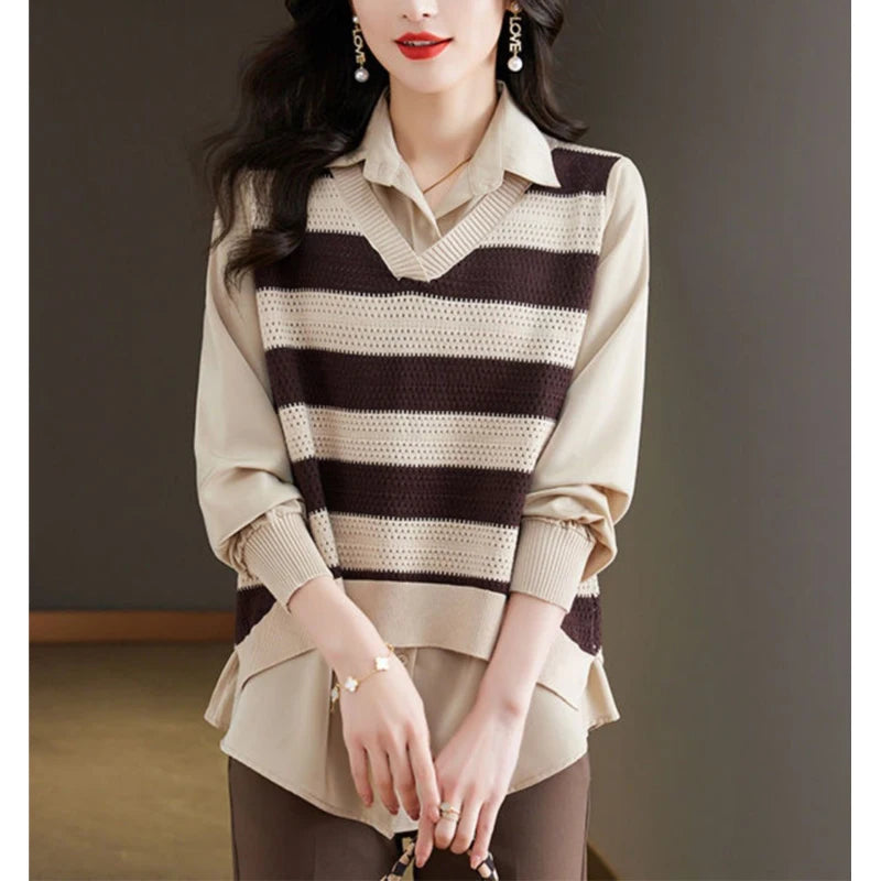 Striped Knitted Fake Two-piece Blouse - Palm and Thread