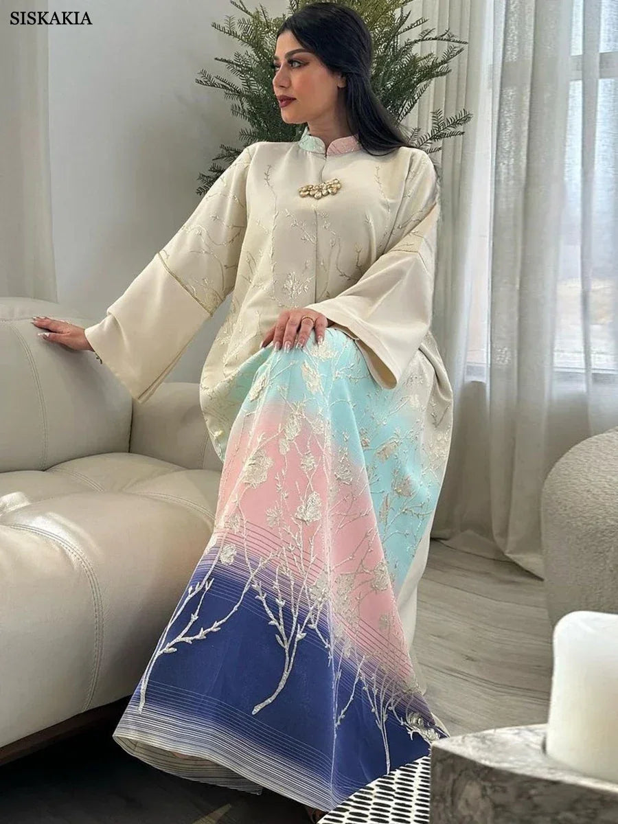 Fashion Floral Jacquard Gradient Color Elegant Long Dress Abaya - Palm and Thread