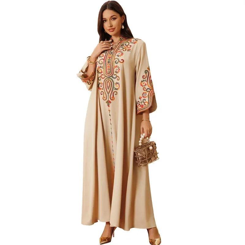 Elegant Long Sleeve V-neck Embroidery Abaya - Palm and Thread