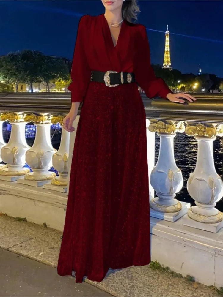 V-neck Long Sleeved Elegant V-neck Waist Sequin Wide Leg Jumpsuit - Palm and Thread