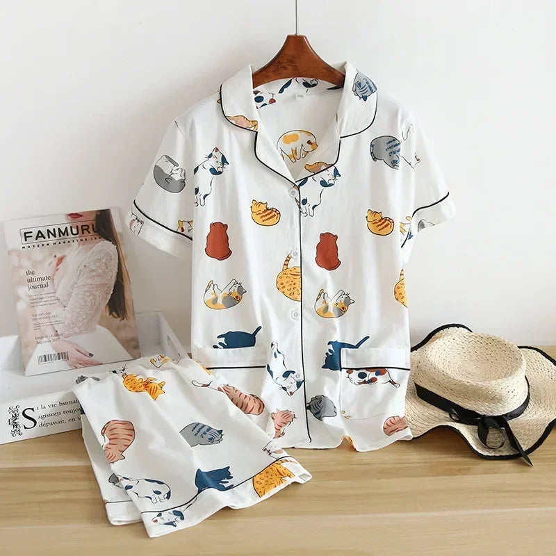 Cotton short-sleeved shorts pajamas set - Palm and Thread