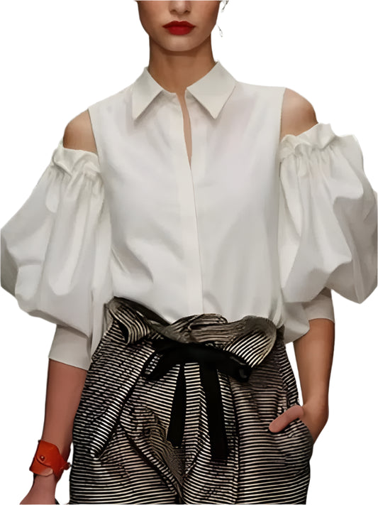 Lapel Collar Puff Sleeve Cold Shoulder Blouse - Palm and Thread