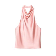 Halter Black Satin Backless Top - Palm and Thread