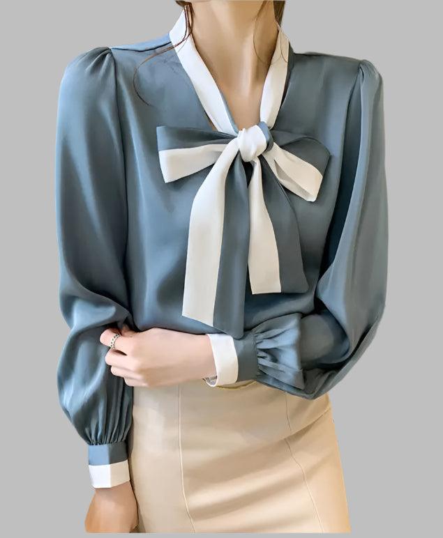 Bow Commuter V-Neck Long Sleeve Blouse - Palm and Thread