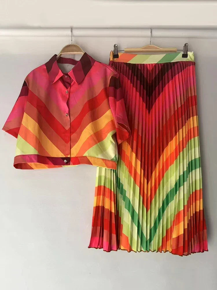 retro geometric print lapel shirt +SKIRT two-piece set - Palm and Thread