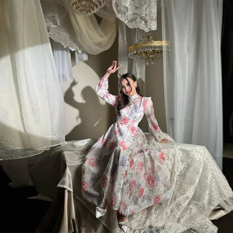 Elegant Floral Printed Long Dress with Belt - Palm and Thread