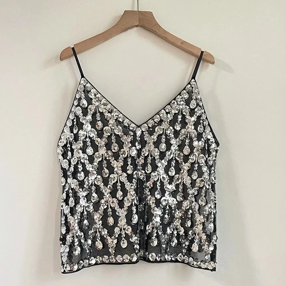 Sequin Bead Sling Slim Fit Straight Tank Top - Palm and Thread
