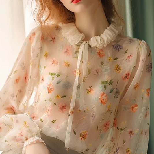 Ruffled Floral Printed Lace Up Blouse - Palm and Thread