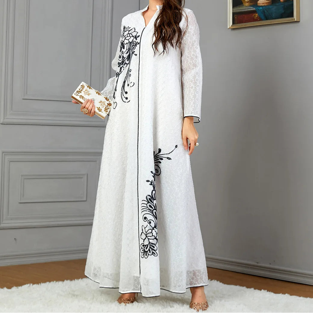 White Floral Sequins Notched V-Neck Abaya - Palm and Thread