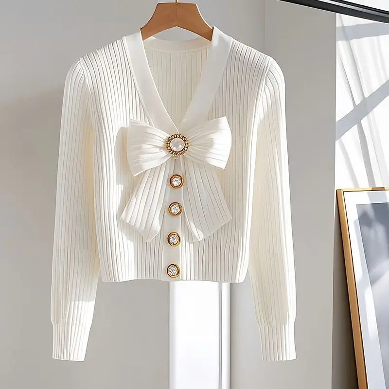 Luxury Chic Bow Beaded Button Cardigan Top - Palm and Thread