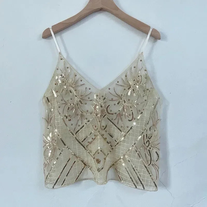 Sequin Bead Sling Slim Fit Straight Tank Top - Palm and Thread