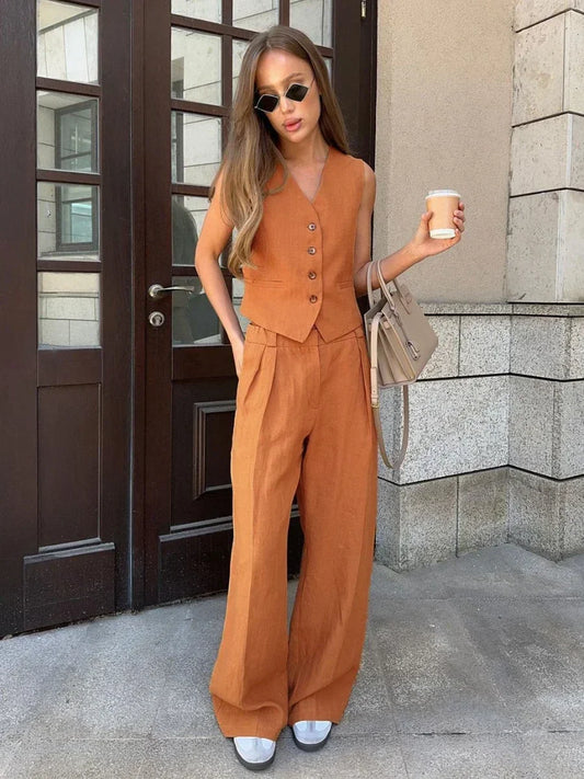 Linen Cotton Chic Vest ＆ Pants Suit Two-Piece Set - Palm and Thread