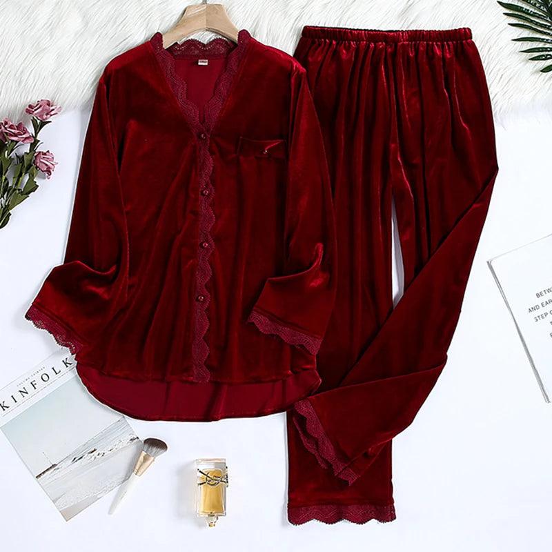 Velvet pajama Two piece set burgundy lace trim - Palm and Thread