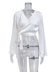 White Satin V-Neck Long Sleeve Shirt - Palm and Thread