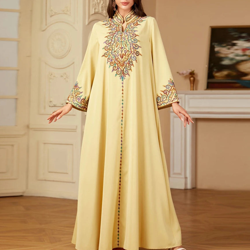 Embroidery V-Neck Long Dress Abaya - Palm and Thread