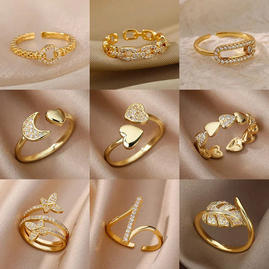 Zircon Heart Stainless Steel Gold Color Geometric Open Finger Ring - Palm and Thread