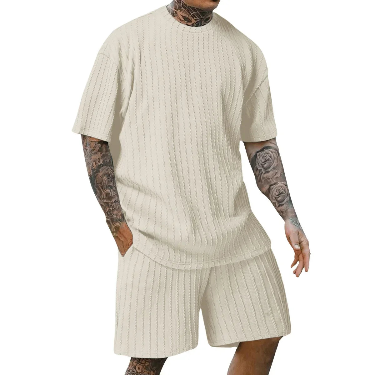 crew-neck vertical stripe T-shirt shorts short-sleeved suit