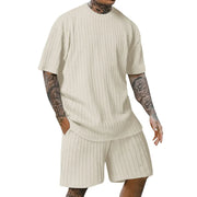 crew-neck vertical stripe T-shirt shorts short-sleeved suit